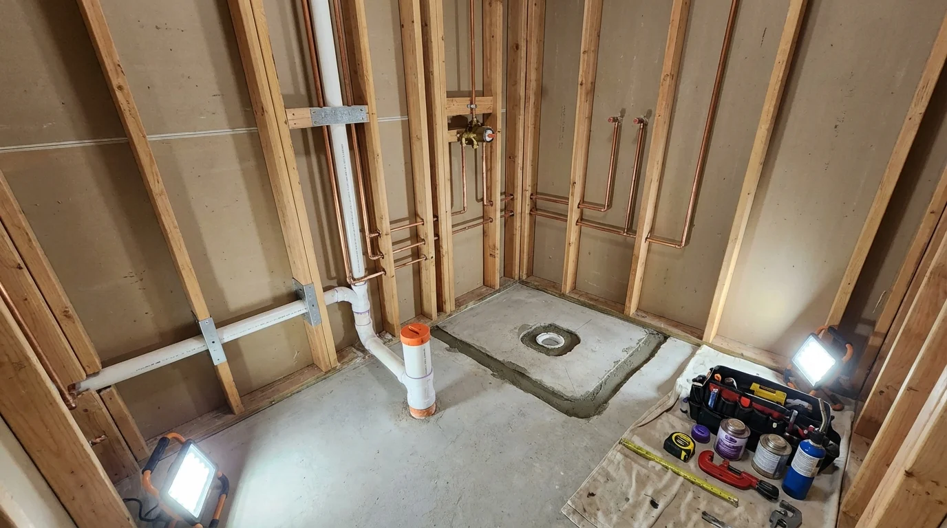 Bathroom rough-in plumbing during remodel by Johns Plumbing LLC in Electric City