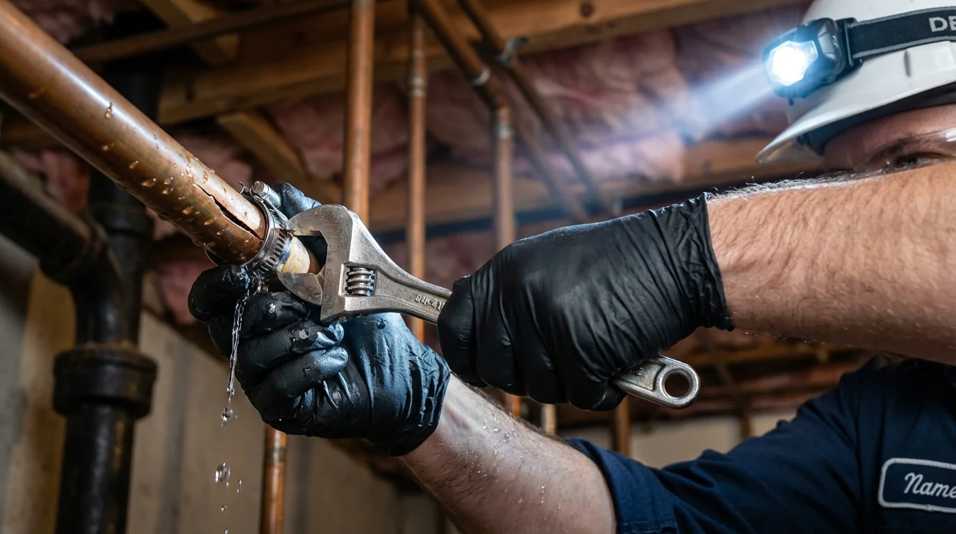 Emergency pipe clamp repair being performed by a Johns Plumbing LLC plumber in Electric City