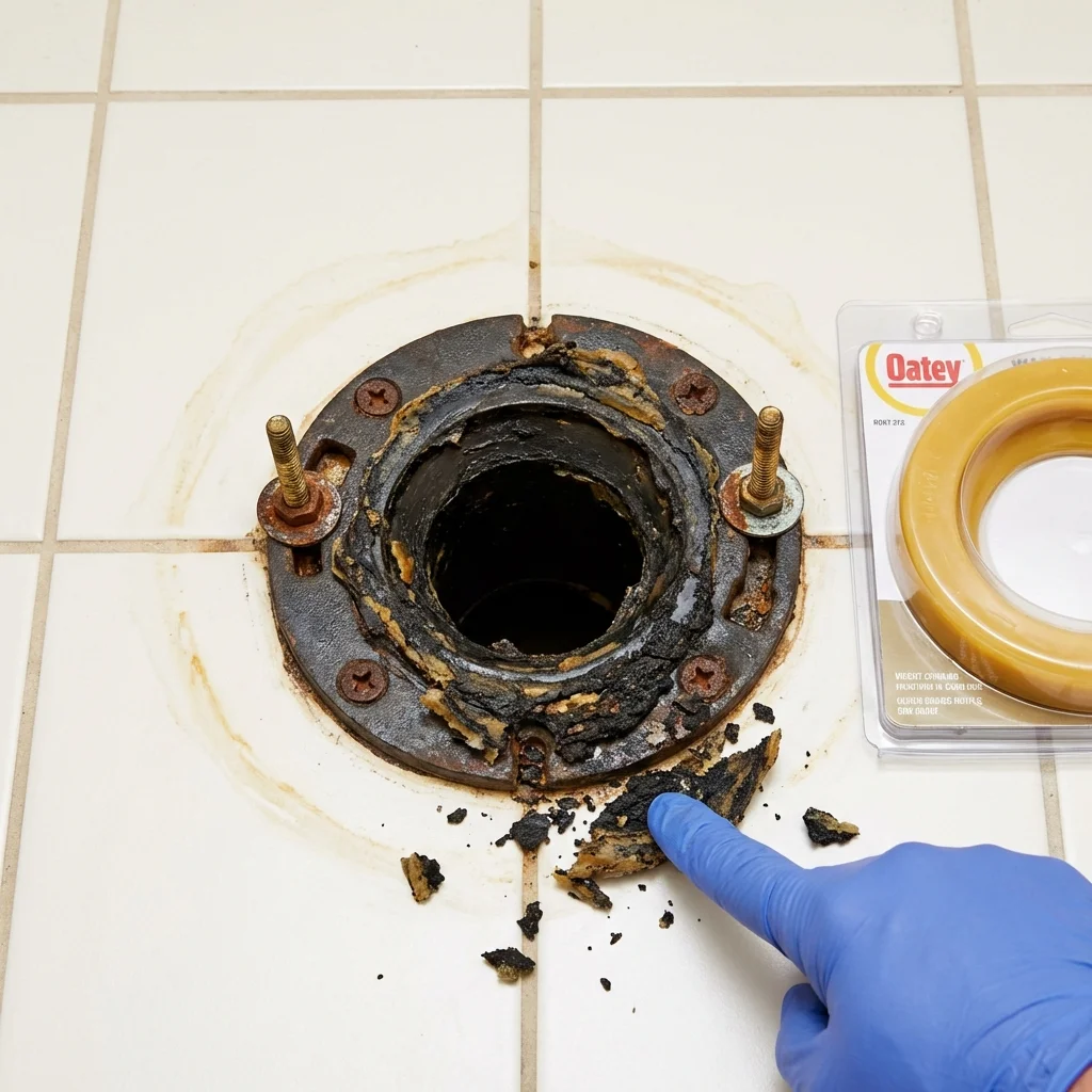 Failed wax ring showing water seepage at the base of a toilet in a Electric City, WA home