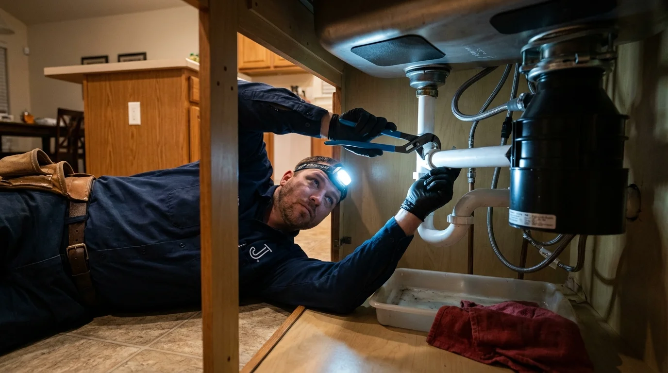 P-trap and supply line connections under a kitchen sink showing a common leak point in Electric City, WA